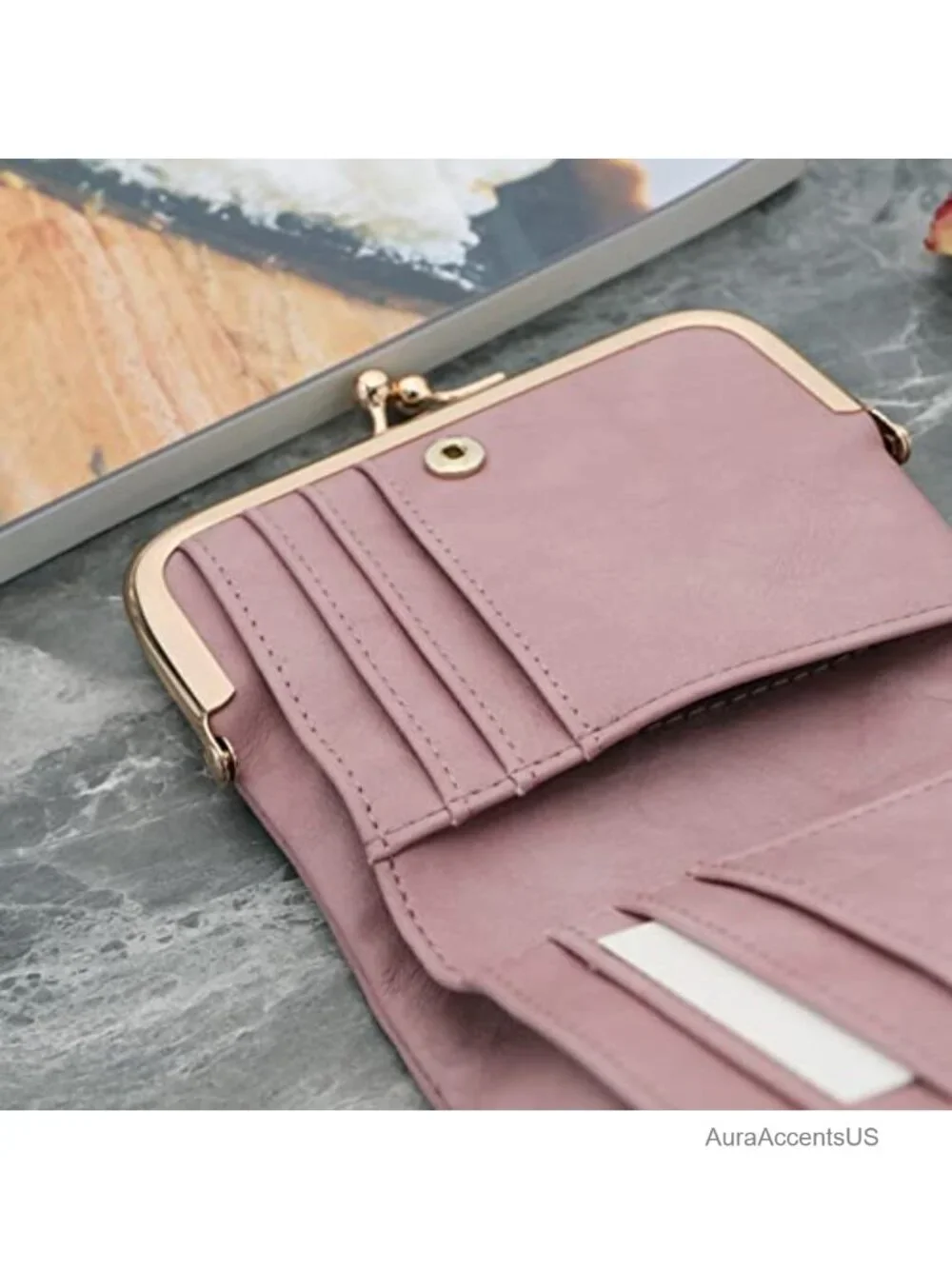 PU Leather Bifold Wallet with Zipper and Kiss Lock